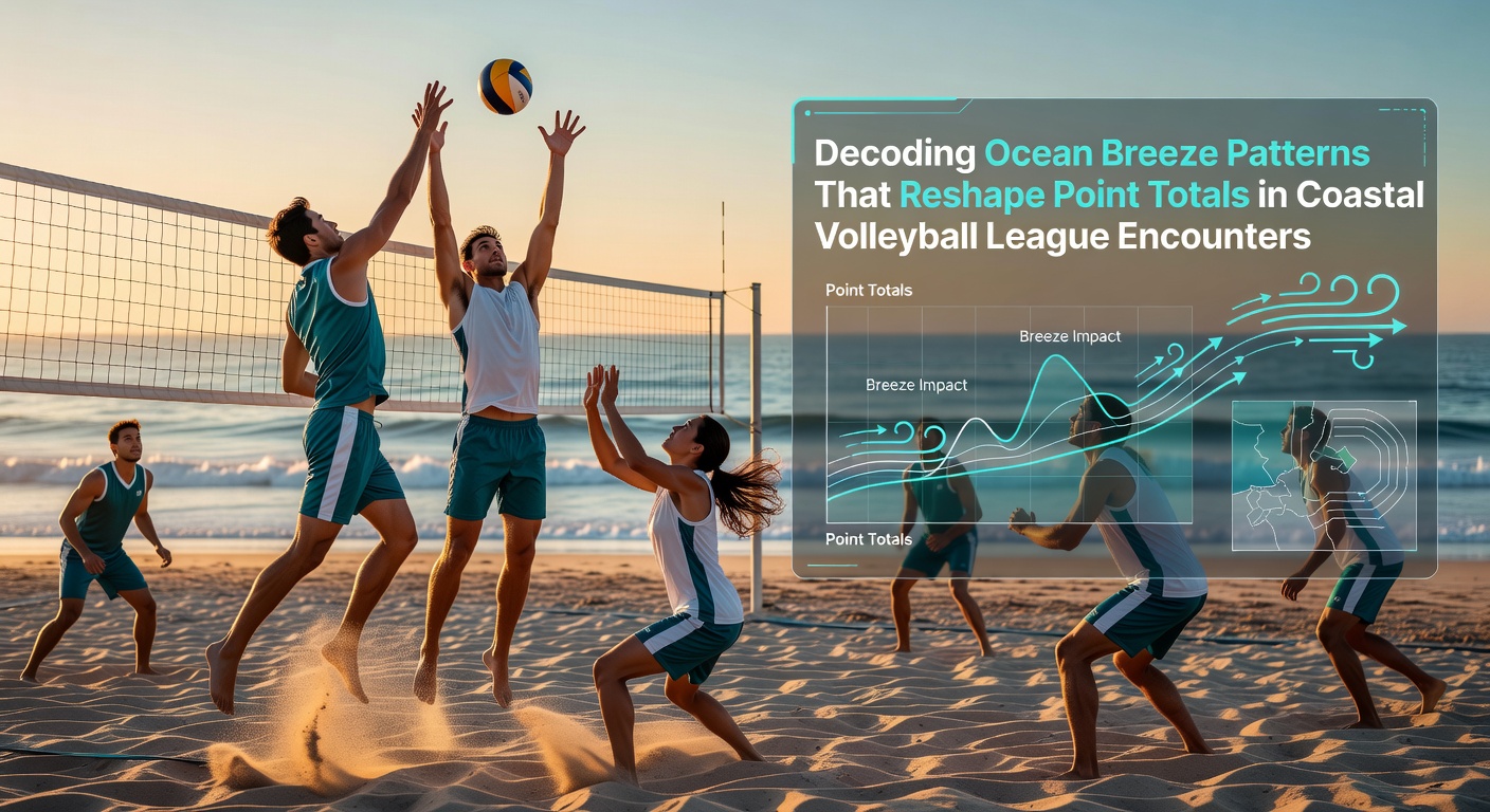 Küstenvolleyballfeld mit sichtbaren Windströmungen und Wellen im Hintergrund