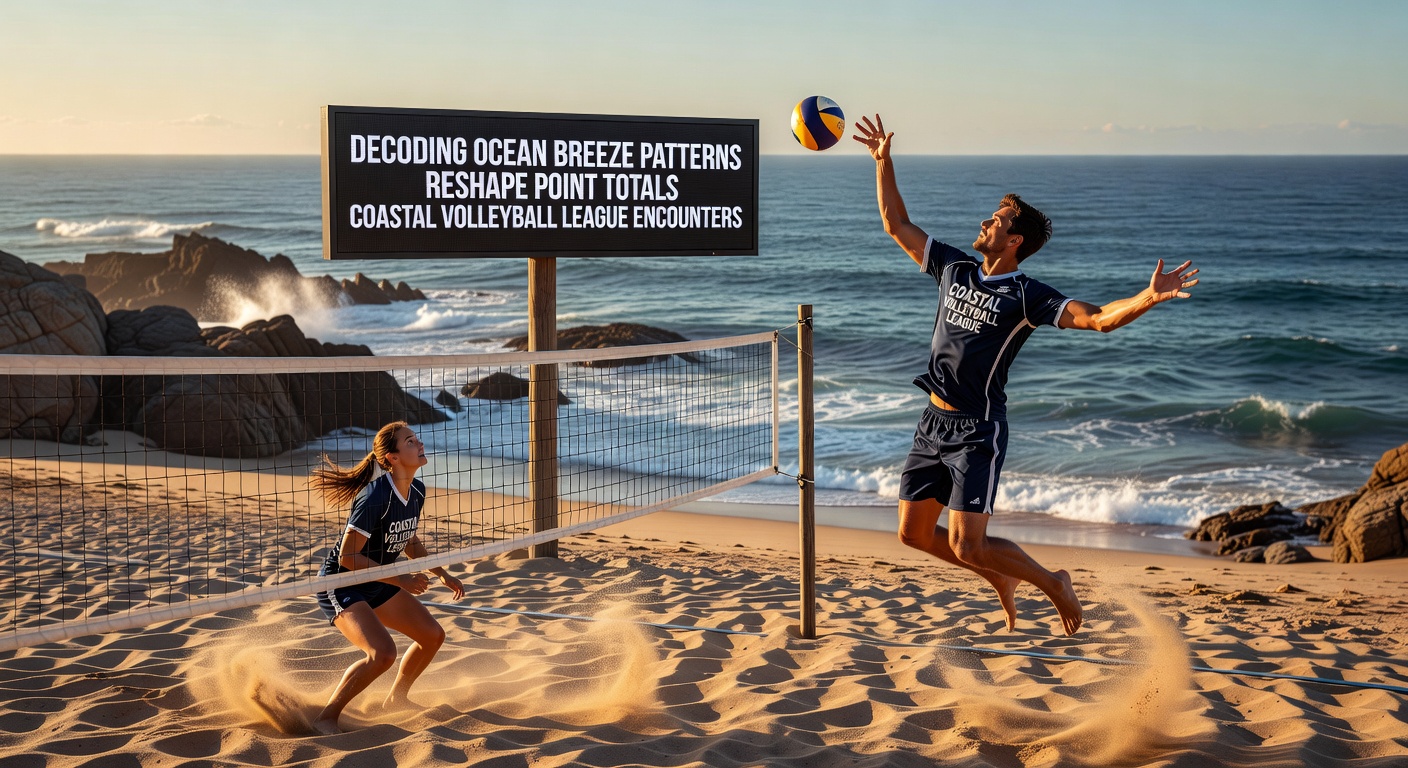 Volleyballspieler bei einem Aufschlag unter Einfluss von Seitenwind am Strand
