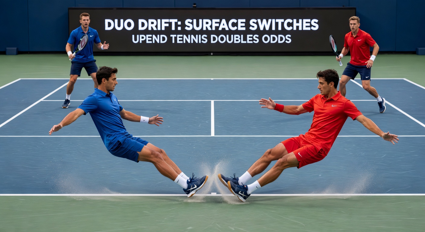 Tennis-Doppelpaar auf Clay-Court, das gegen Hardcourt-Hintergrund kontrastiert, symbolisiert Oberflächenwechsel