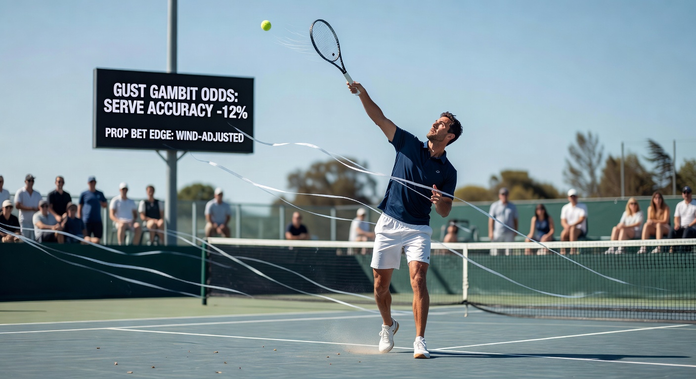 Luftströmung visualisiert um einen Tennisball während eines Serves in böigem Wetter, mit Pfeilen für Windrichtungen