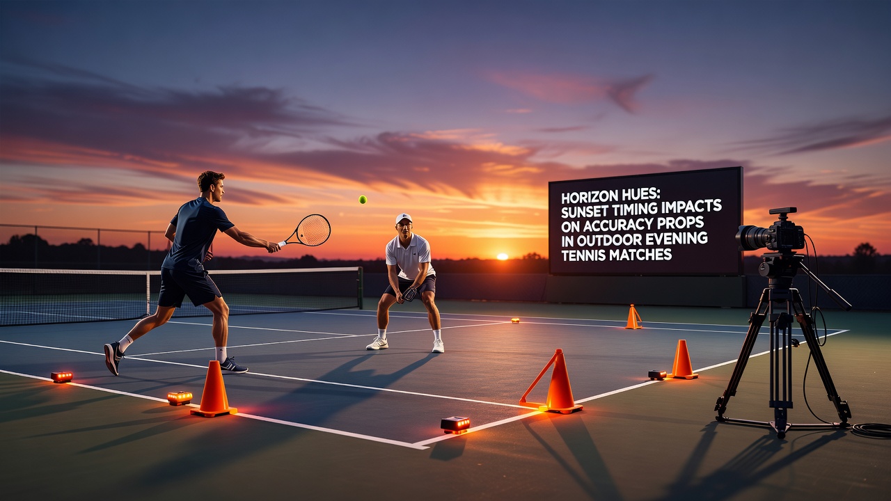 Tennisplatz bei Sonnenuntergang mit veränderter Lichtstimmung und Spielern im Abendmatch