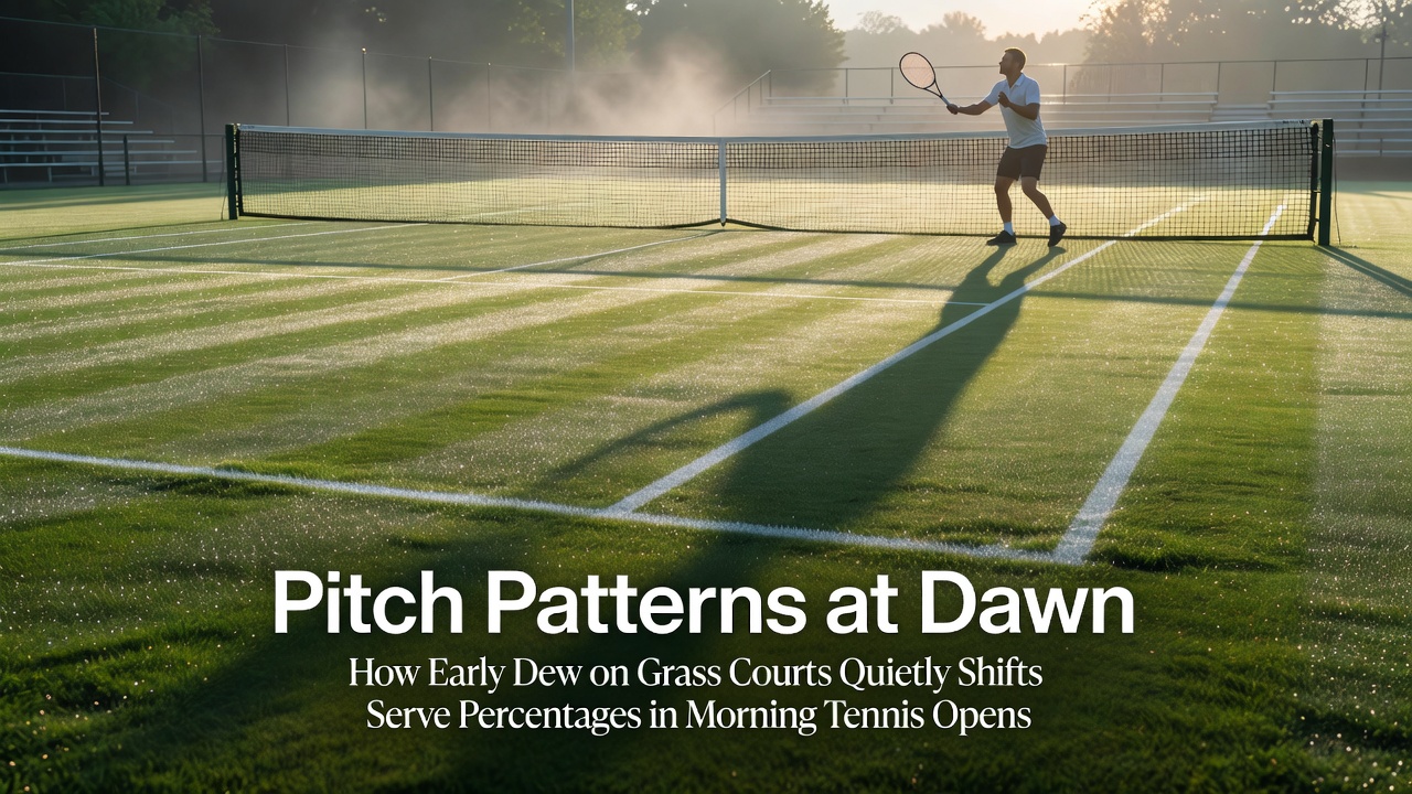 Tau auf einem Gras-Tennisplatz bei Morgengrauen mit sichtbaren Feuchtigkeitsmustern