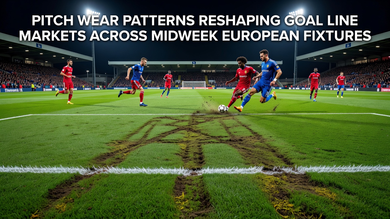 Abgenutzte Rasenbereiche auf einem europäischen Fußballfeld während einer Midweek-Partie