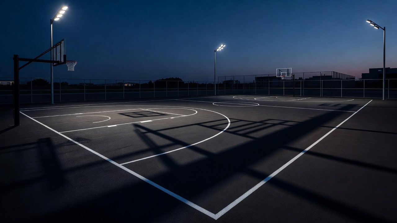 Beleuchtungswinkel und Schatten auf einem Basketball-Court während eines Abendspiels