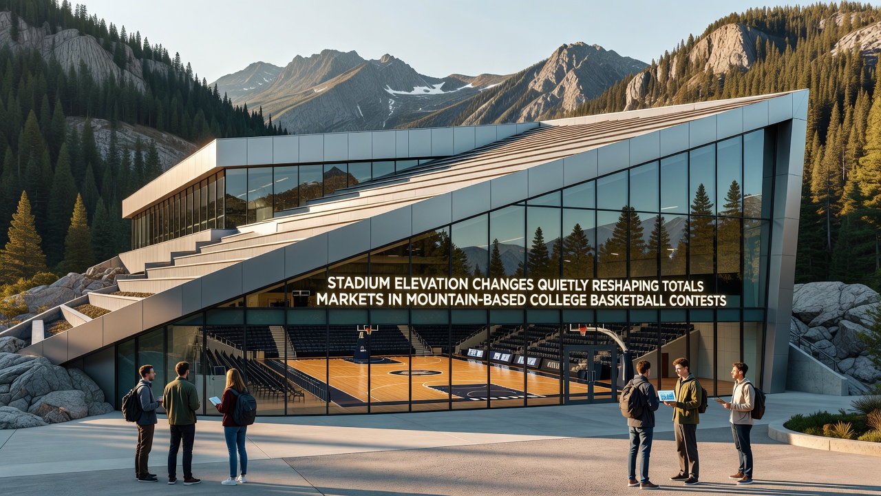 Stadion in bergiger Region mit College-Basketball-Spiel bei erhöhter Lage und sichtbaren Auswirkungen auf die Spielfeldbedingungen
