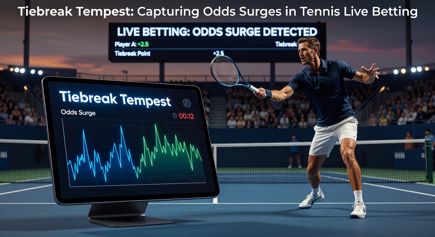 Tennisspieler in intensivem Tiebreak-Moment auf dem Court, mit dynamischem Serve und angespannter Atmosphäre